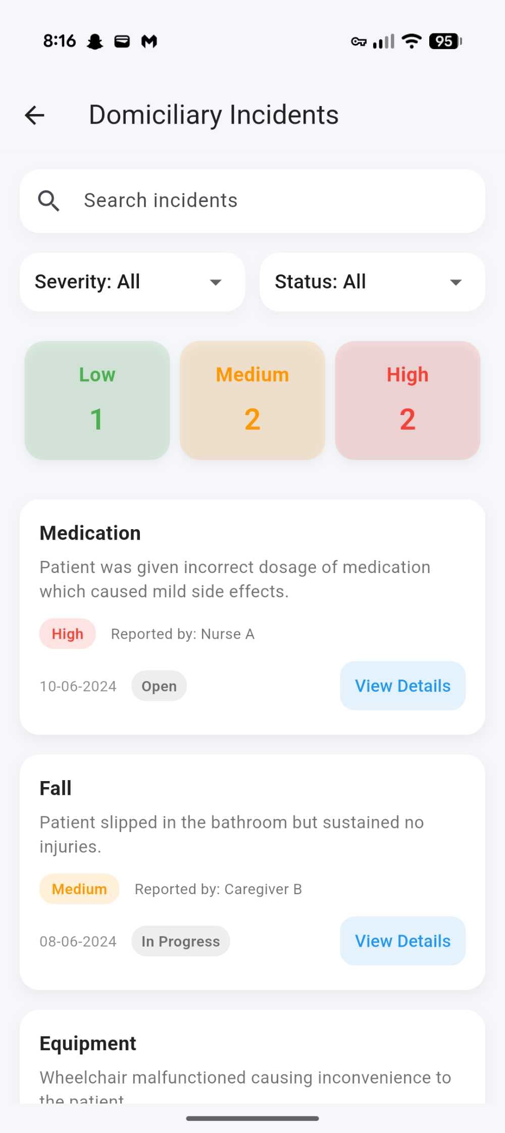 Virtulum mobile incidents feed screenshot